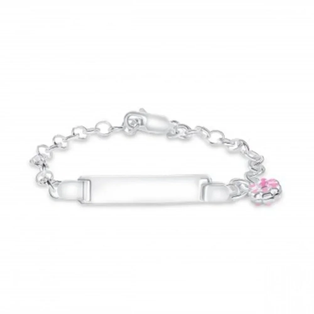 925 SILVER KIDS ID ENAMEL PINK FLOWER BRACELET 6.25